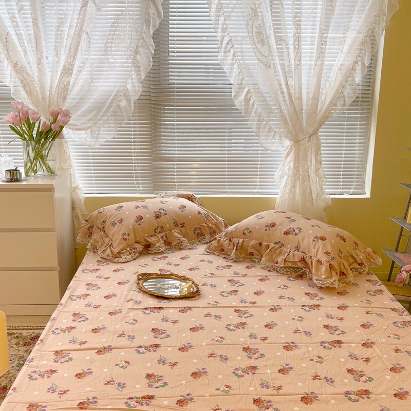Set ga gối cotton viền bèo vintage điệu đà - set 3 món - freeship