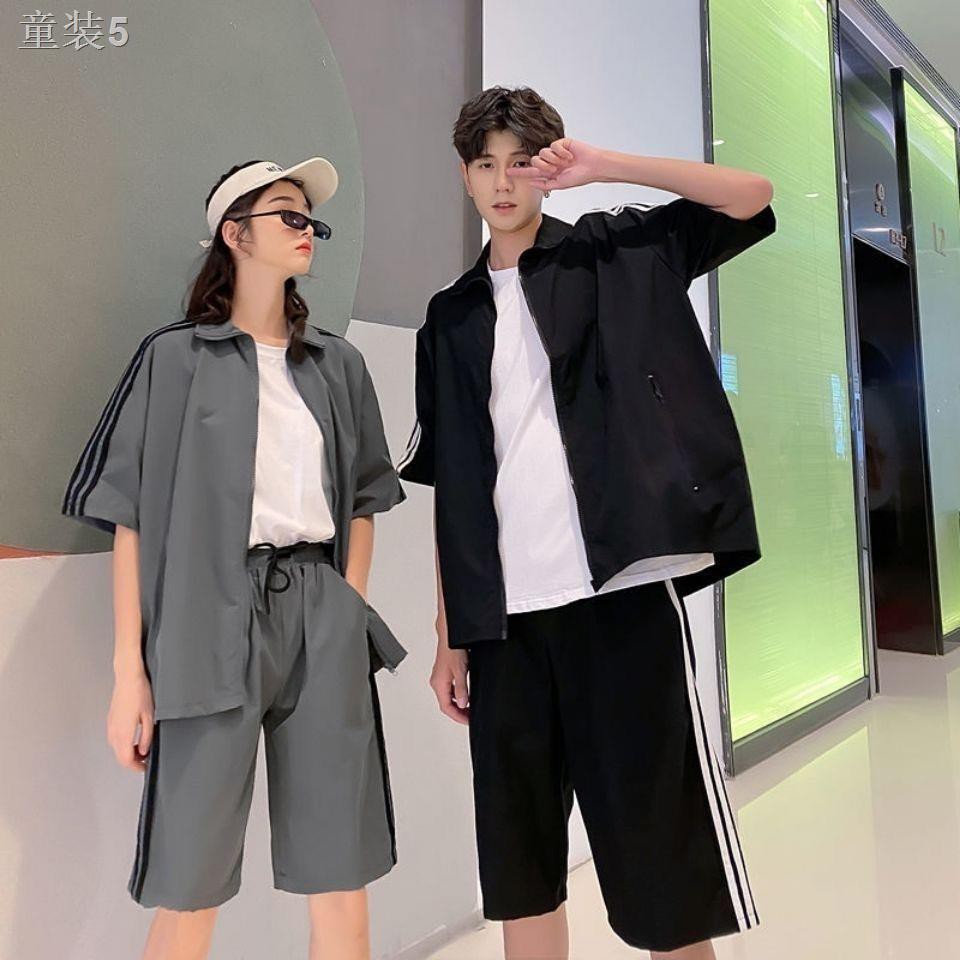 ✴❐in Hồng Kông phong cách hè phiên bản hàn quốc xu hướng retro cổ điển cặp nam nữ bộ đồ thể thao giản dị tay ngắn +