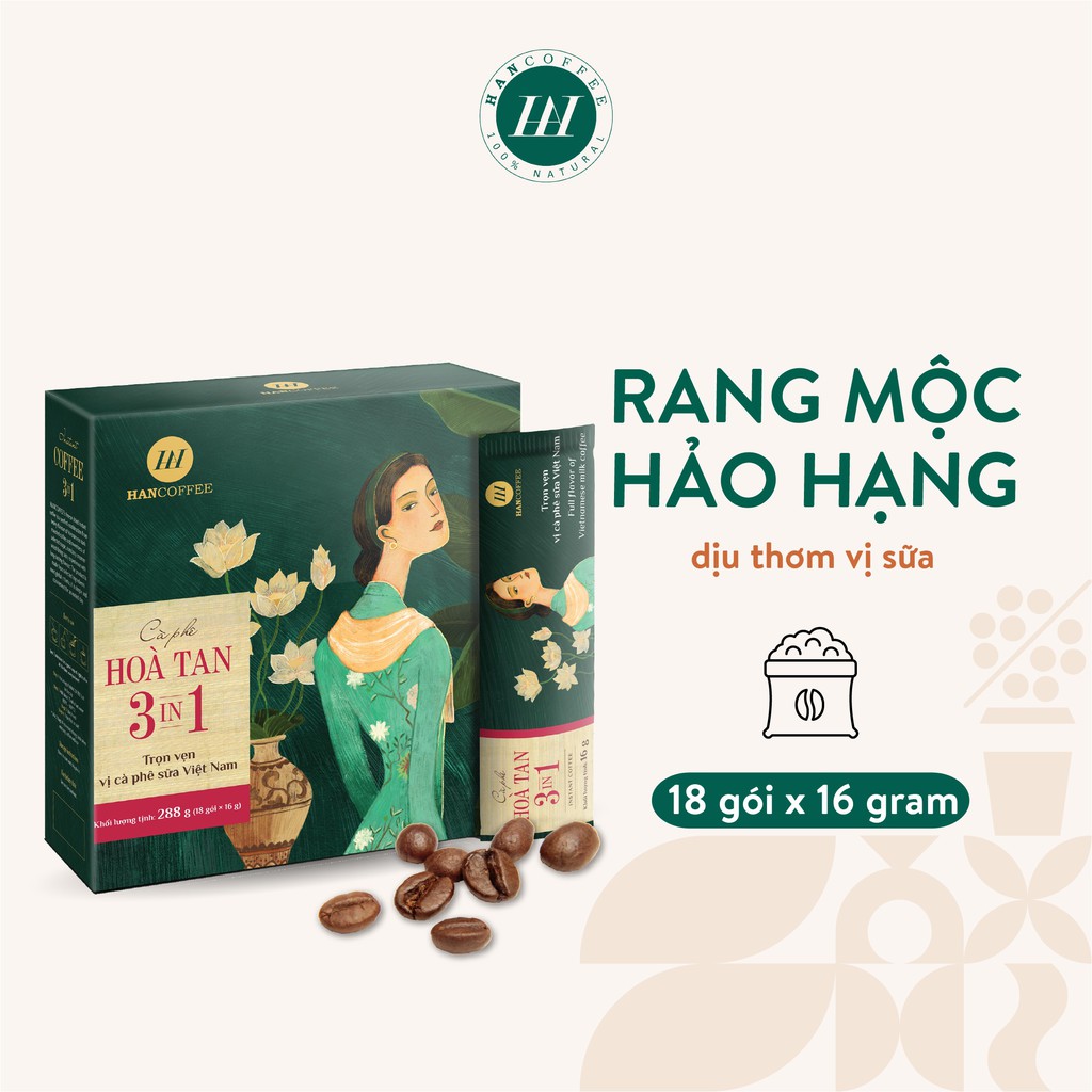 Cà Phê Sữa Hòa Tan HANCOFFEE 3 in 1 Vị Ngọt Nhẹ, Đắng Dịu Hộp 18 gói - HN3in1