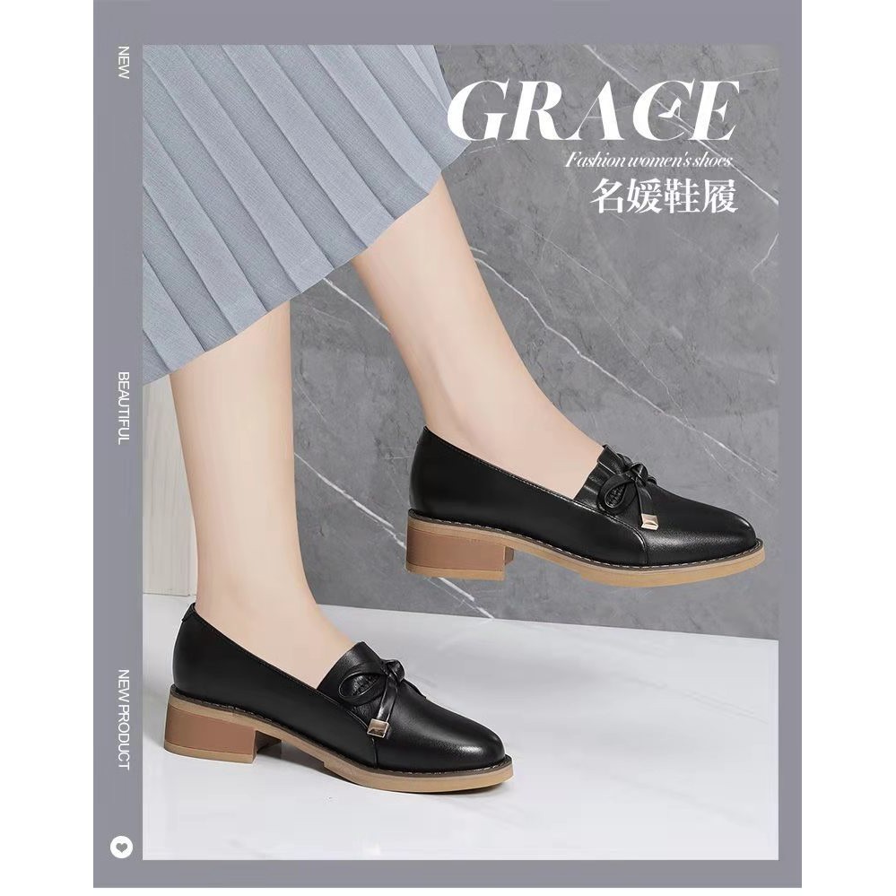 Giày Da Nữ Giày Búp Bê Đính Nơ 4 Phân Phong Cách Nhật Bản