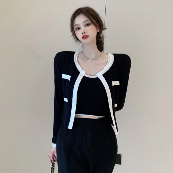 Bộ hai mảnh Cardigan tương phản thời trang phong cách Hàn Quốc