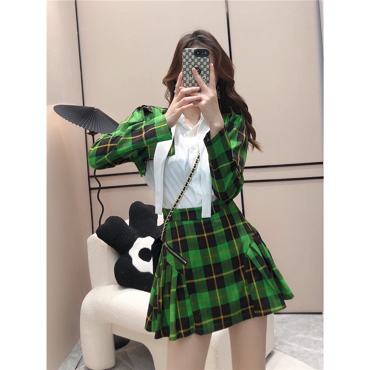 Bộ đồ vest nữ áo sơ mi trắng phối khoác tay dài kẻ sọc caro xanh lá + váy ngắn lưng cao sang trọng có lót quần dây kéo