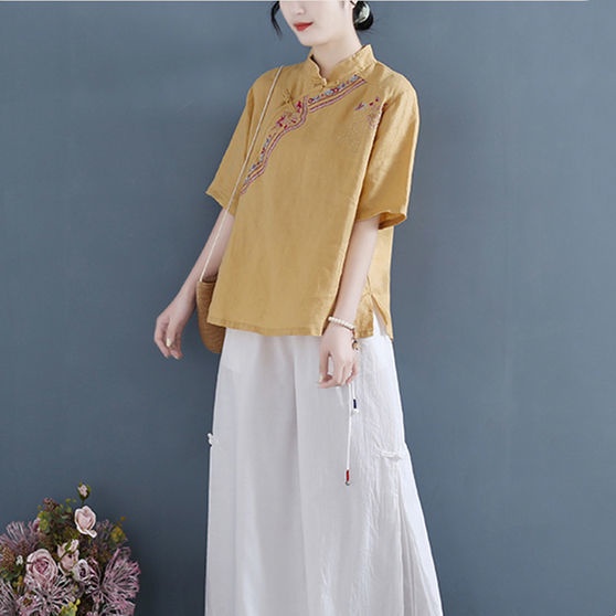 Áo Sơ Mi cotton Lanh Tay Lửng Cổ Đứng Thêu Họa Tiết Phong Cách Trung Hoa Cổ Điển Thời Trang Cho Nữ m-3xl 2022