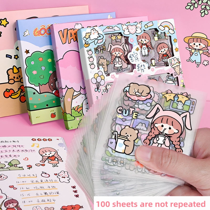 Set 100 Miếng Dán Giấy Thủ Công Hoạt Hình Dễ Thương Không Dùng Trang Trí