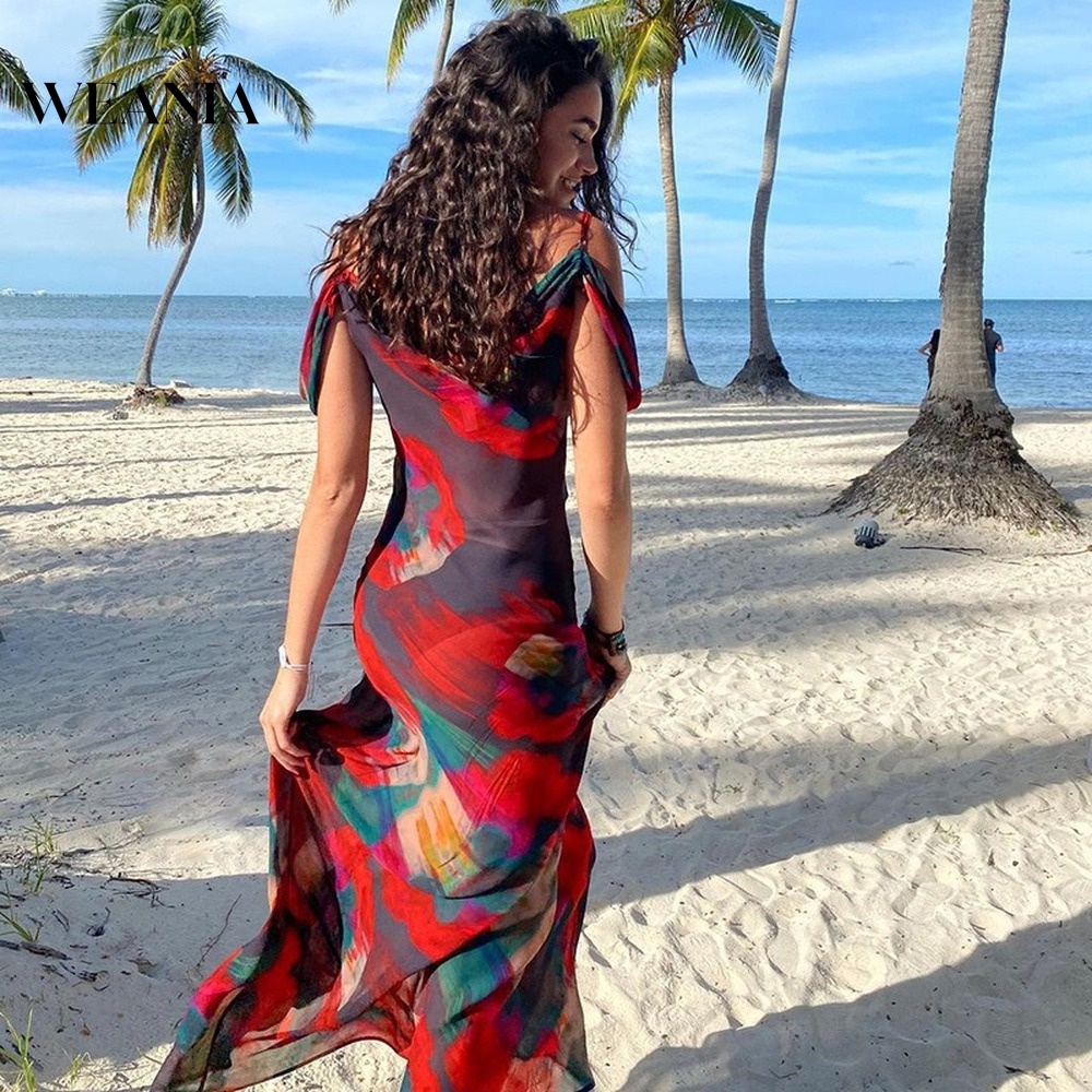 Đầm Dài Chất Chiffon Hoạ Tiết In Thiết Kế Xuyên Thấu Quyến Rũ