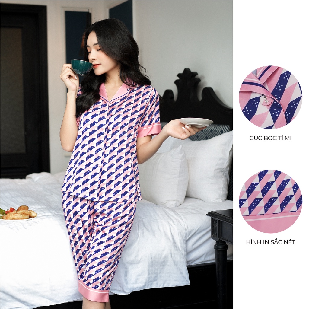 Bộ mặc nhà satin ZAM Luxury - SLA70 - áo ngắn tay quần lửng hoạ tiết