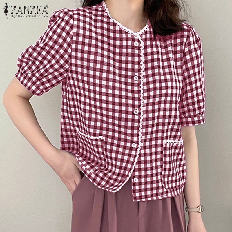 Zanzea Áo Sơ Mi Ngắn Tay Cổ V Họa Tiết Ca Rô Phong Cách Hàn Quốc Dành Cho Nữ