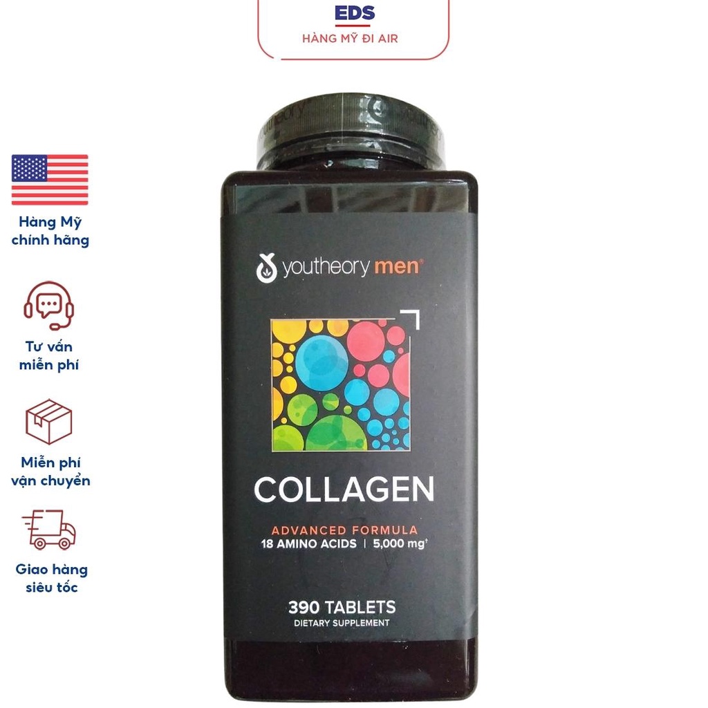 (Date 1/2025) Viên uống Collagen Youtheory Men's Type 1,2 &amp; 3 hộp 390 viên - EDS Hàng Mỹ