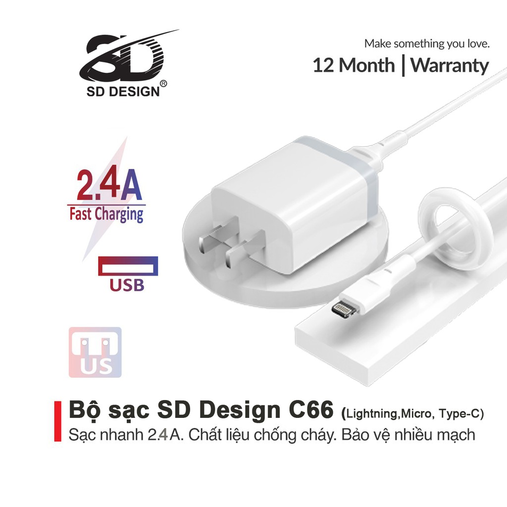 Bộ Củ + cáp sạc SD DESIGN C66 chính hãng sạc nhanh an toàn cho mọi loại điện thoại