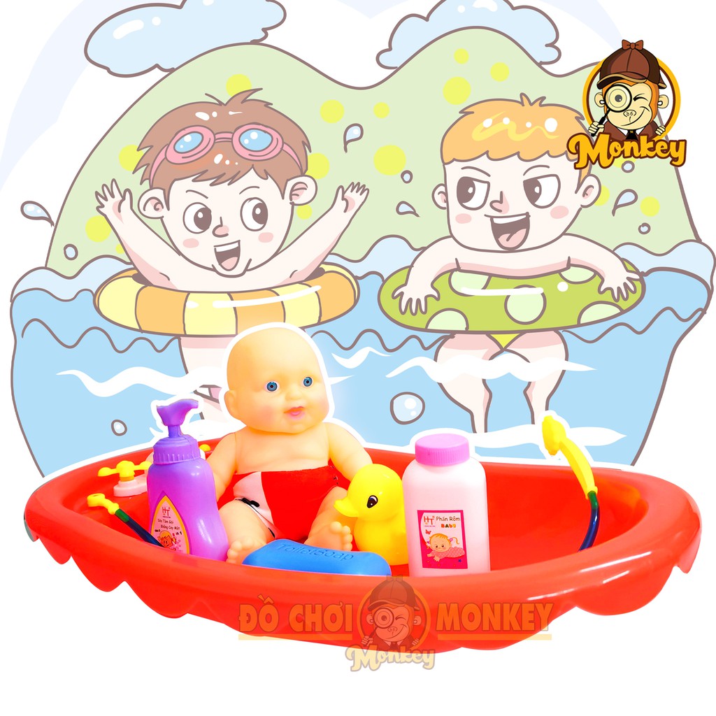 Bộ đồ chơi thau tắm Hoàng Thu có vòi sen, búp bê giúp bé thông minh , phát triển trí tuệ cho bé HT7604 - Monkey