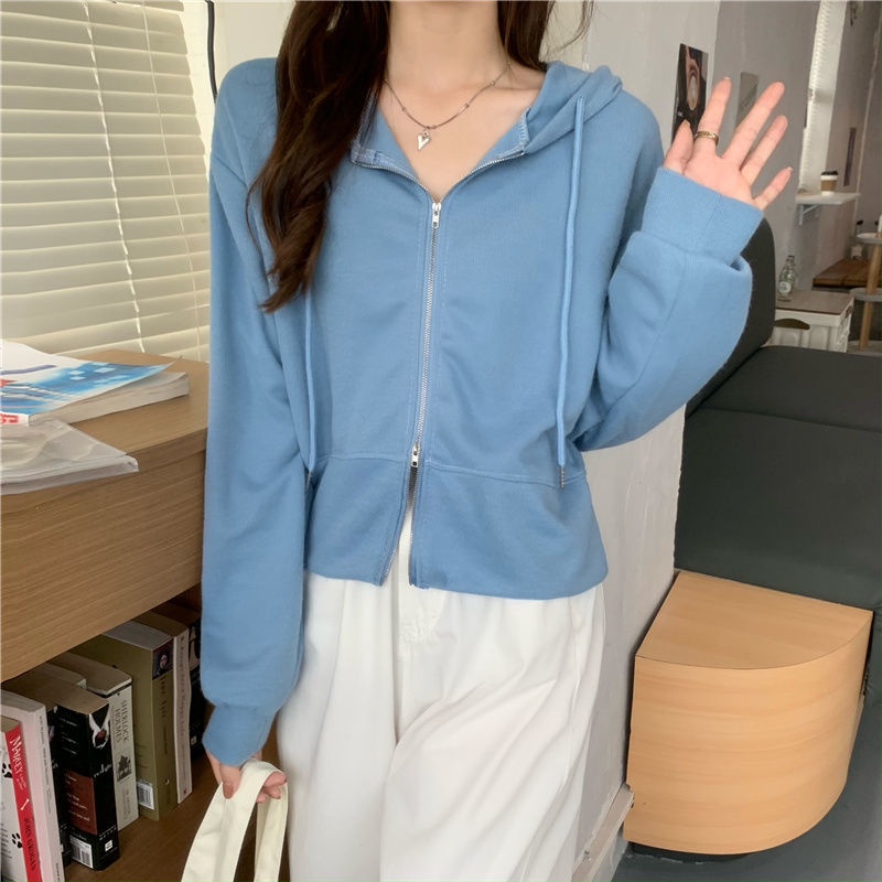 Áo Khoác Cardigan Cotton Màu Trơn Tay Dài Dáng Rộng Cổ polo Có Khóa Kéo Phong Cách Hàn Quốc Thời Trang Thu Đông Mới Cho Nữ