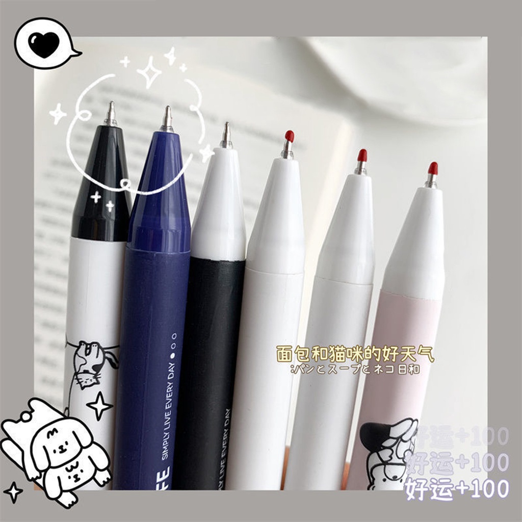 Set 6 Bút Bi Mực Gel Ngòi 0.5mm Có Thể Thu Gọn Hình Hoạt Hình Dễ Thương