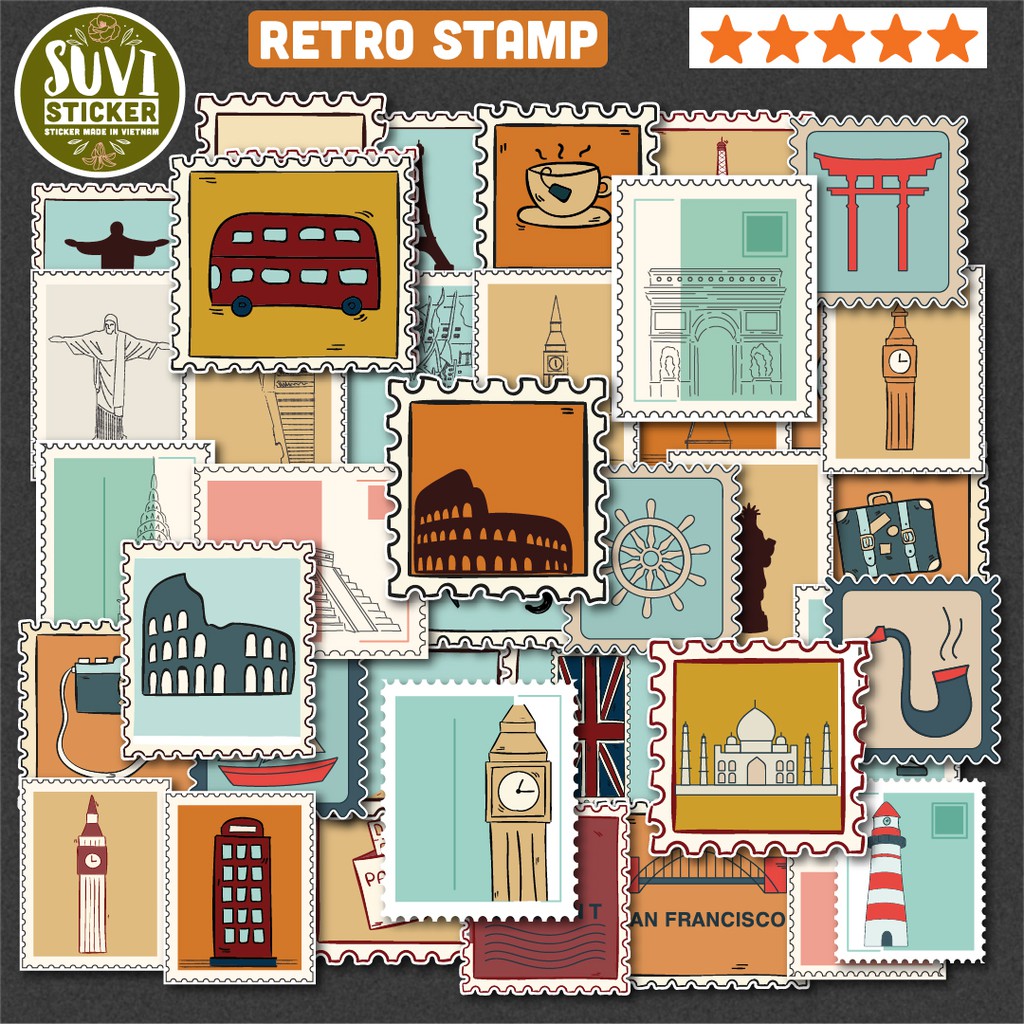 50 Sticker Retro Stamp chống nước sticker dán laptop, điện thoại, đàn guitar, mũ bảo hiểm, vali. MSP: V14