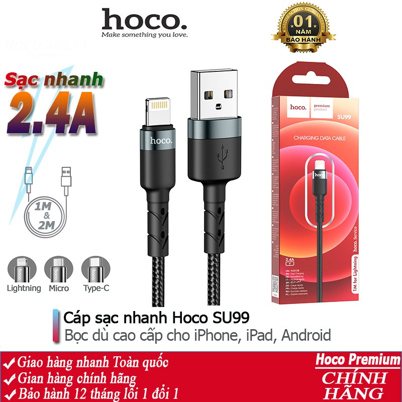 Cáp sạc nhanh Hoco SU99 siêu bền sạc full iPhone, Android, iPad dây truyền tải dữ liệu dài 1m, 2m - Chính hãng