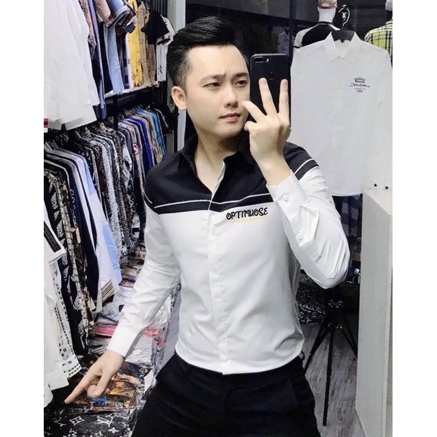 Áo sơ mi nam Hàn Quốc In OPTIMUOSE dáng ôm vải lụa thái chống nhăn chống xù SIÊU ĐẸP