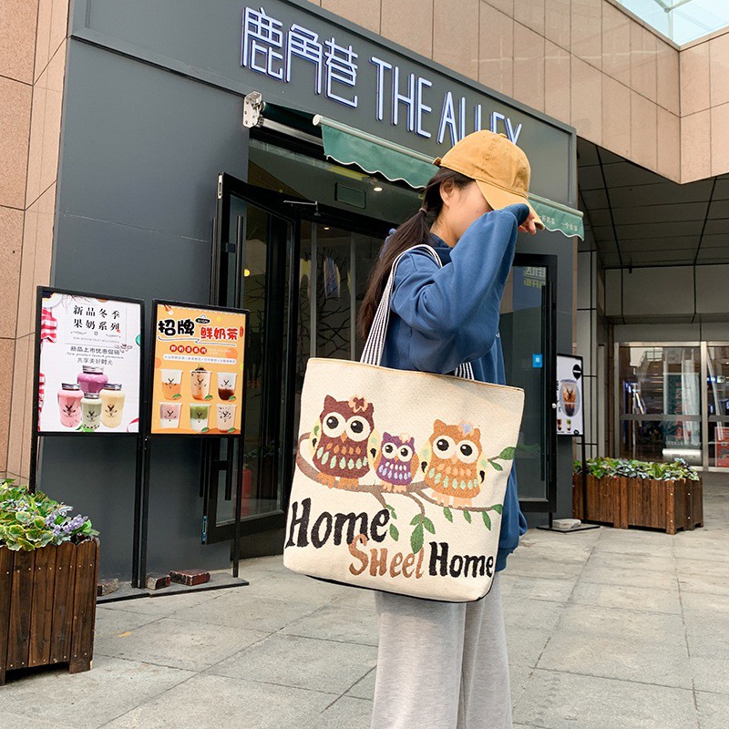 Túi Tote Vải Canvas Thêu Hình Chim Cú Mèo Cute Thời Trang Đeo Chéo GN11-IV