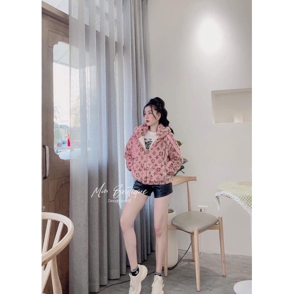 Áo khoác lông lv có mũ 2 lớp và áo khoác lông hoạ tiết báo 2 lớp