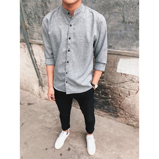 Áo sơ mi đũi xước cổ tàu hot nhất - màu xám nhạt