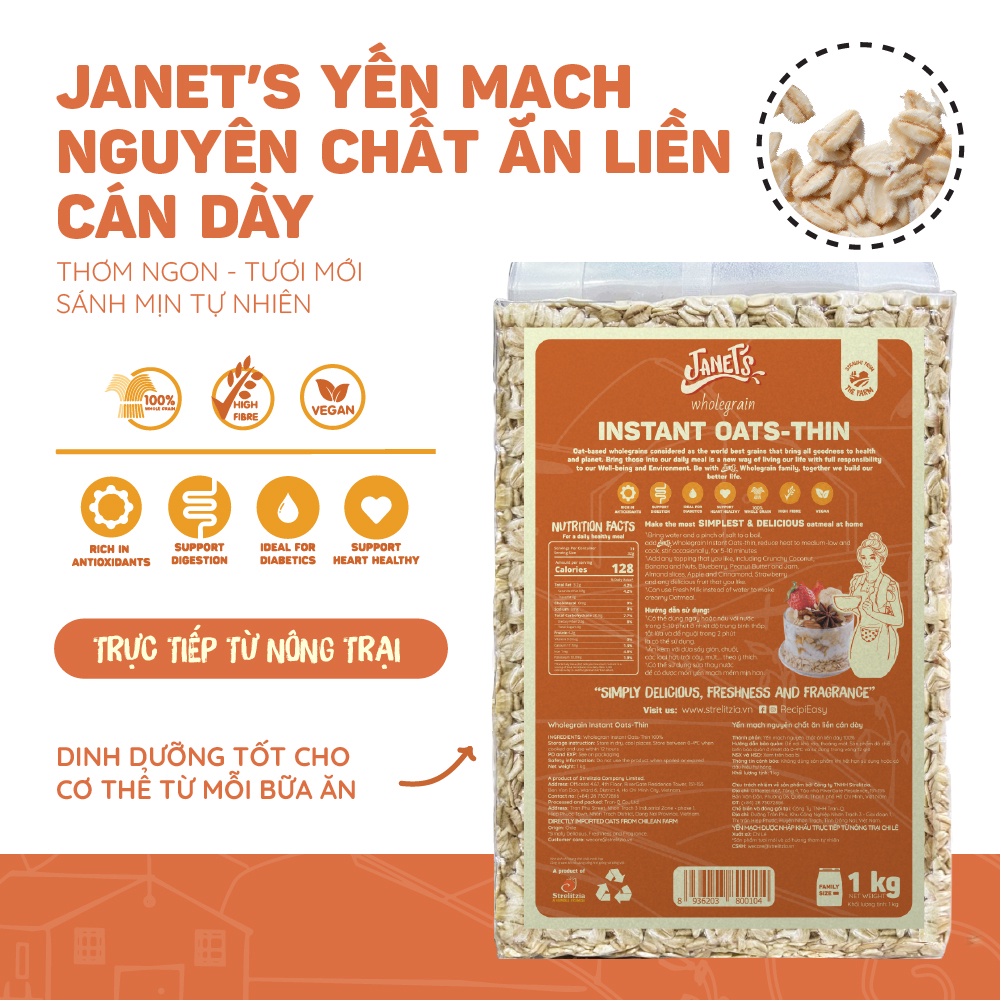 Yến mạch nguyên chất ăn liền cán dày Janet's 1kg