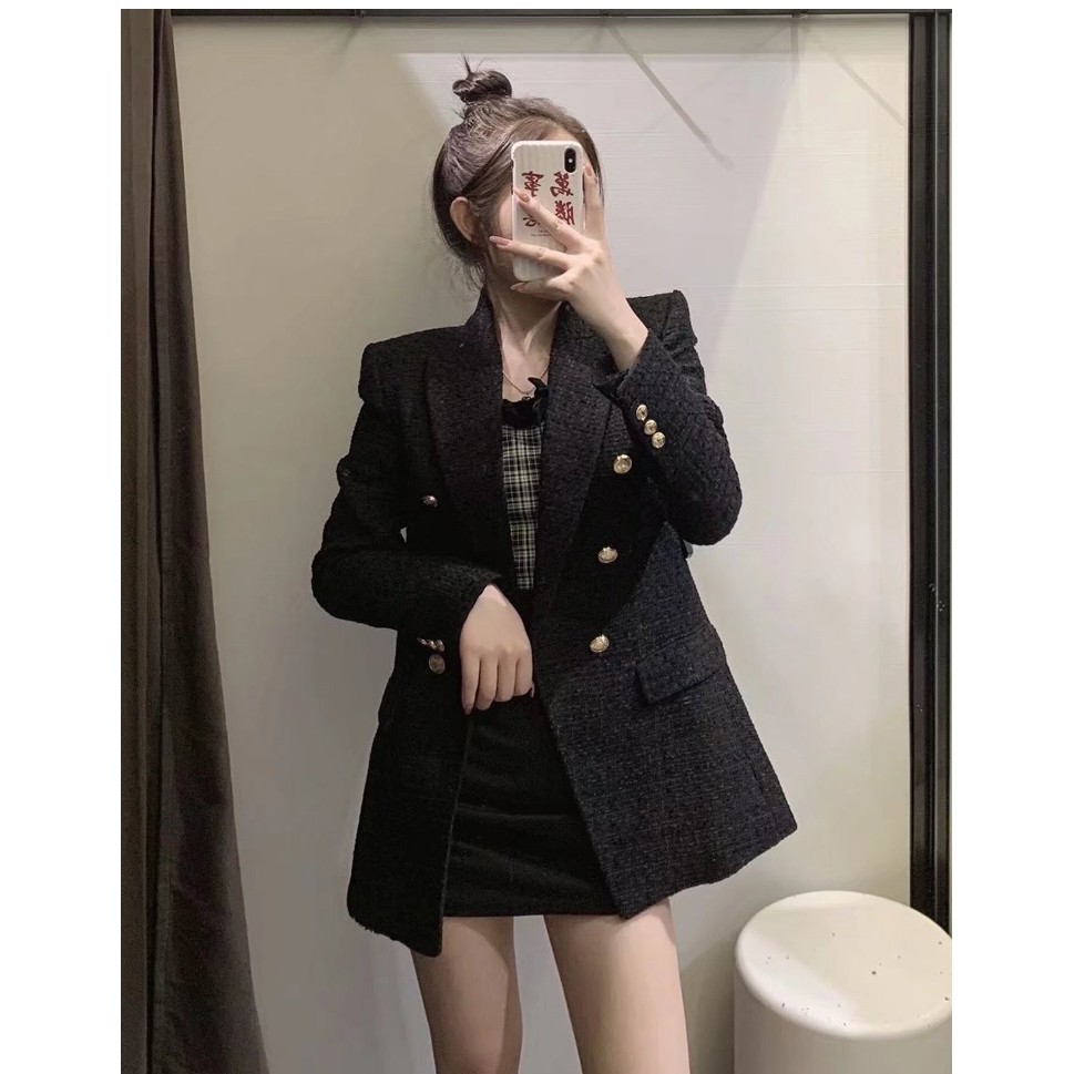Sẵn Đen-XSẢnh thật 5 hình cuối-2W232.Áo blazer Tweed US ZAr COs phong cách Âu Mỹ sang chảnh