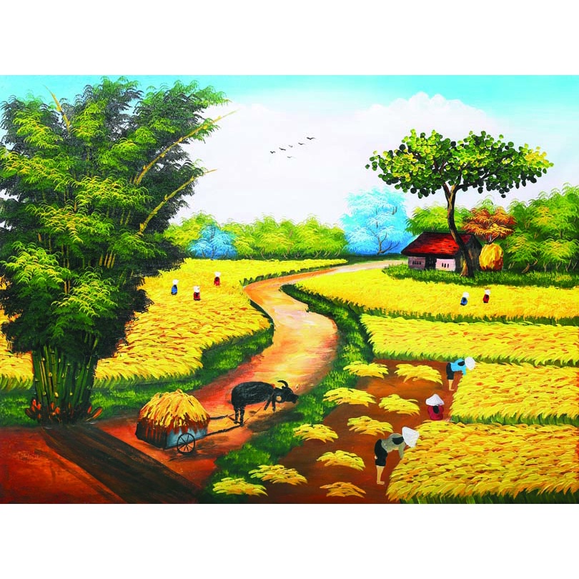 Tranh Dán tường 3D Phong Cảnh Làng Quê chân thực, mộc mạc, yên bình, thanh bình