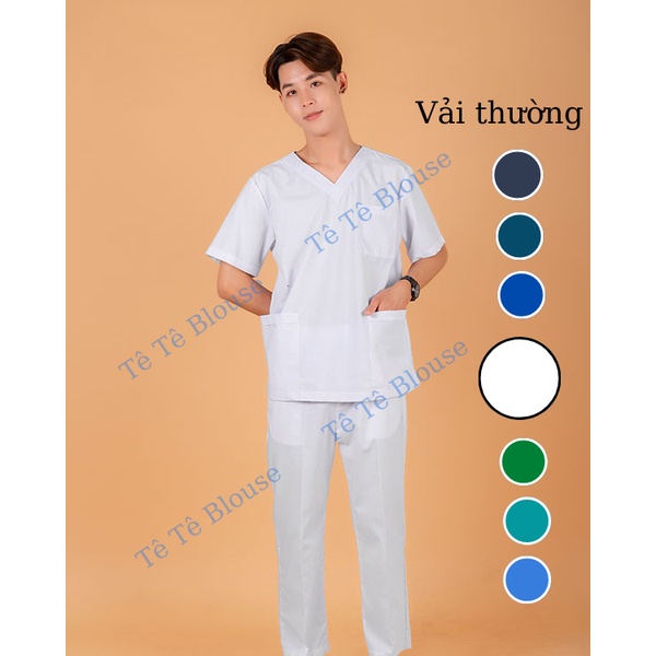 Bộ SCRUBS cổ tim phòng mổ, đồng phục phẫu thuật, Spa, phòng khám, Bác Sĩ, màu TRẮNG, chất vải LON mỏng và Thun co giãn