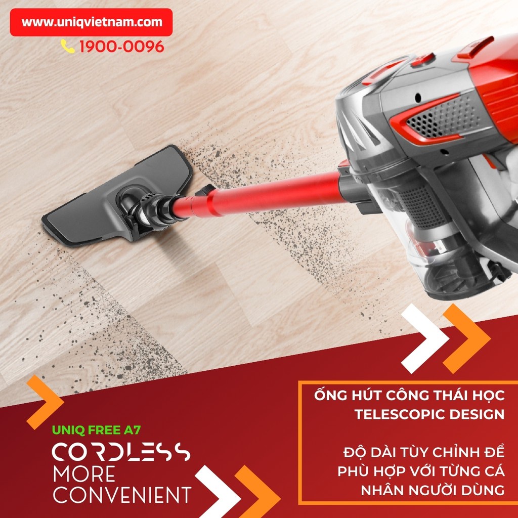 Máy hút bụi cầm tay không dây UNIQ Free A7 đa năng gia đình mini Công Suất 130W - Lực hút 9000 Pa - Hàng Chính Hãng