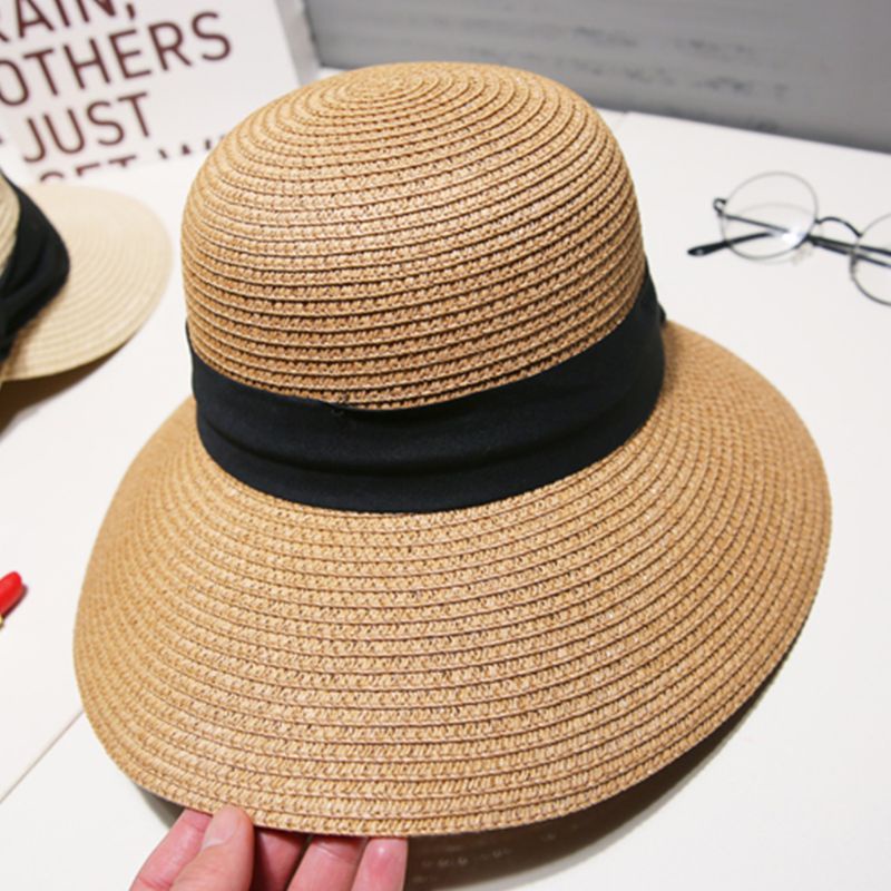 Nón Cối Rộng Vành Phối Nơ Màu Đen Chống Tia UV Thời Trang Đi Biển Mùa Hè Cho Nữ