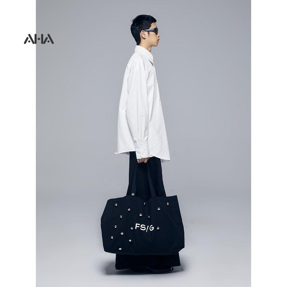 Túi xách AHA official canvas cỡ lớn đính hạt tròn in họa tiết dễ thương