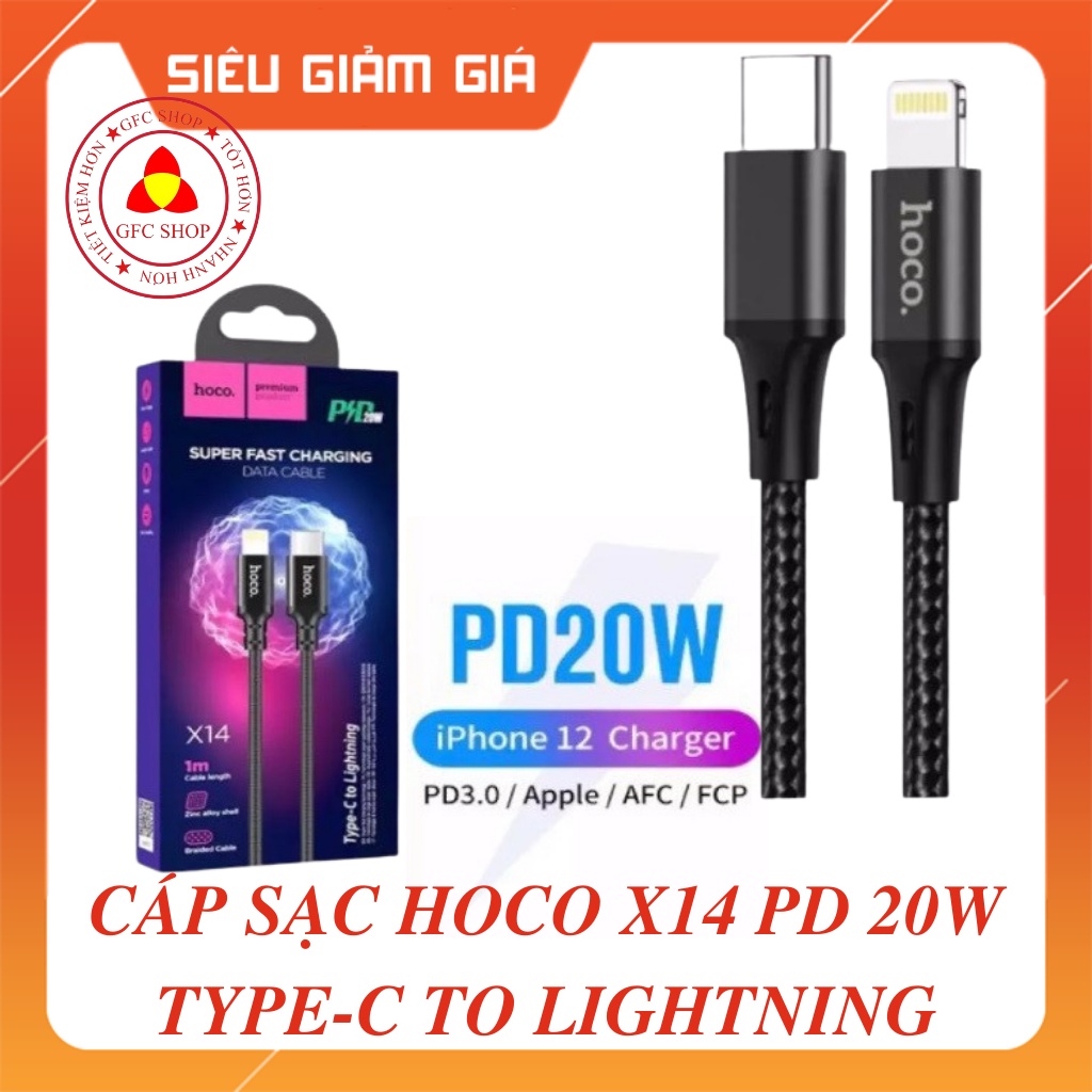 Cáp sạc nhanh Hoco X14 PD 20W Type-C to Lightning dài 1m, Quick Charger 3.0, dây bọc dù chống gãy đứt