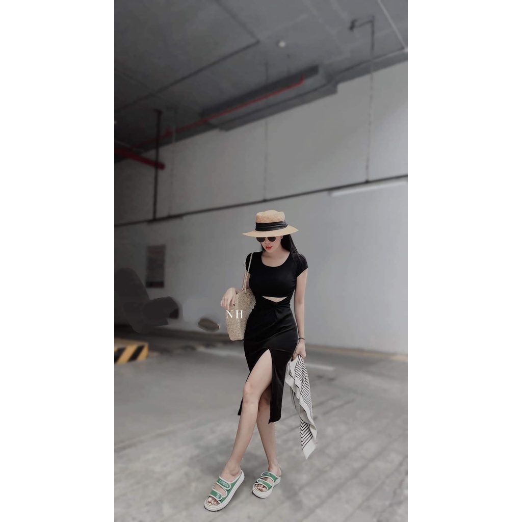 Đầm ôm body cổ tròn tay ngắn khoét nhún eo xẻ tà bên quyến rũ, váy ôm body xẻ tà bên chất thun gân ôm dáng MIDORI247