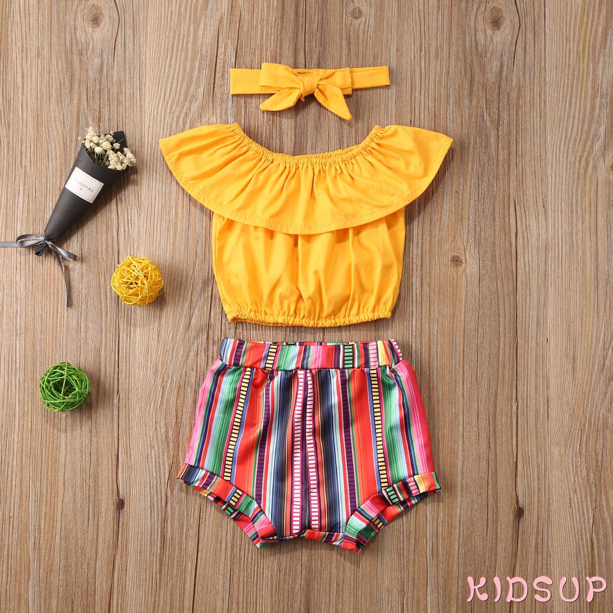 Set Áo Croptop Trễ Vai + Chân Váy Kẻ Sọc Cho Bé Gái 1-6 Tuổi