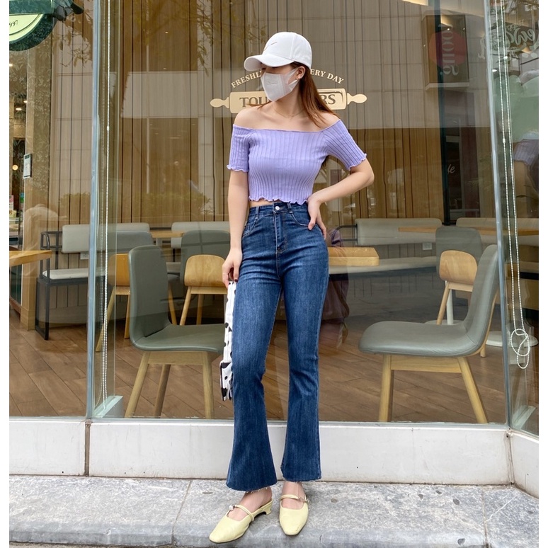 Quần Jeans Ống Loe Cạp Cao cắt Gấu Chất co dãn cực tôn dáng có gấu - Ảnh Thật Lu chụp