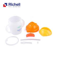 Cốc tập uống có ống hút chống đổ nước Richell Mugtre Xanh/ Cam cho bé 8 tháng trở lên