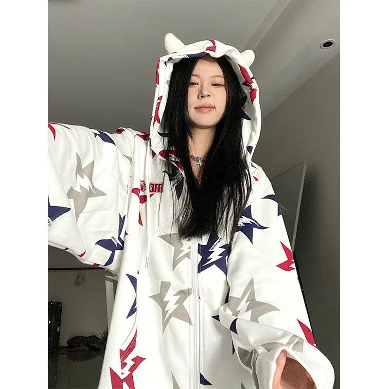 Áo Khoác Cardigan Có Mũ Trùm Đầu Hình Ngôi Sao Phong Cách Hip Hop Retro Mỹ Thiết Kế Niche