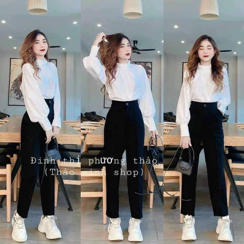 Quần Baggy Cúc giữa Ống Suông KH02, Quần Tây Khuy Giữa Lưng Cao Kiểu Dáng Công Sở Màu Đen Cho Nữ