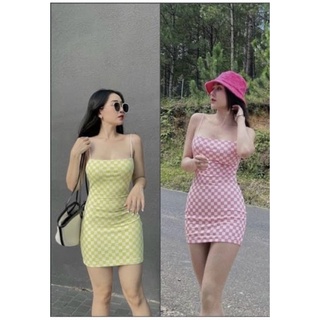 Đầm 2 dây caro ôm body dáng ngắn cực xinh , chất thun gân mềm mịn