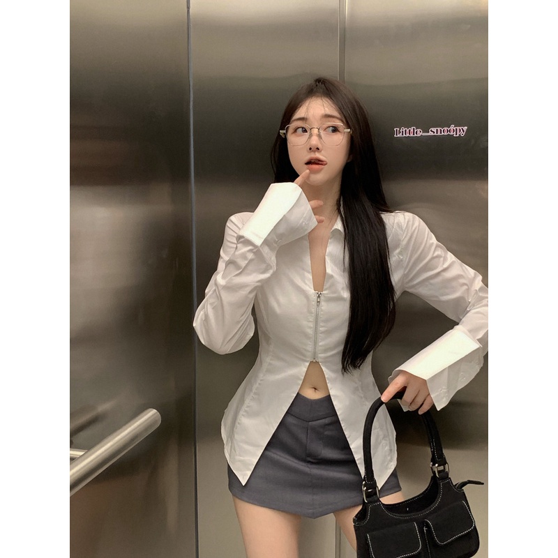 HUANG YOYO Áo Sơ Mi Trắng Tay Dài Cổ Chữ v Khóa Kéo Thời Trang Hàn Quốc Cho Nữ