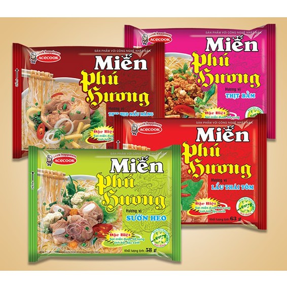 Miến Phú Hương các loại 58g  - heo nấu măng, thịt bằm, lẩu thái tôm, sườn heo