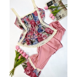 Set bộ mặc nhà áo voan viền ren, quần lụa dáng dài xinh xắn