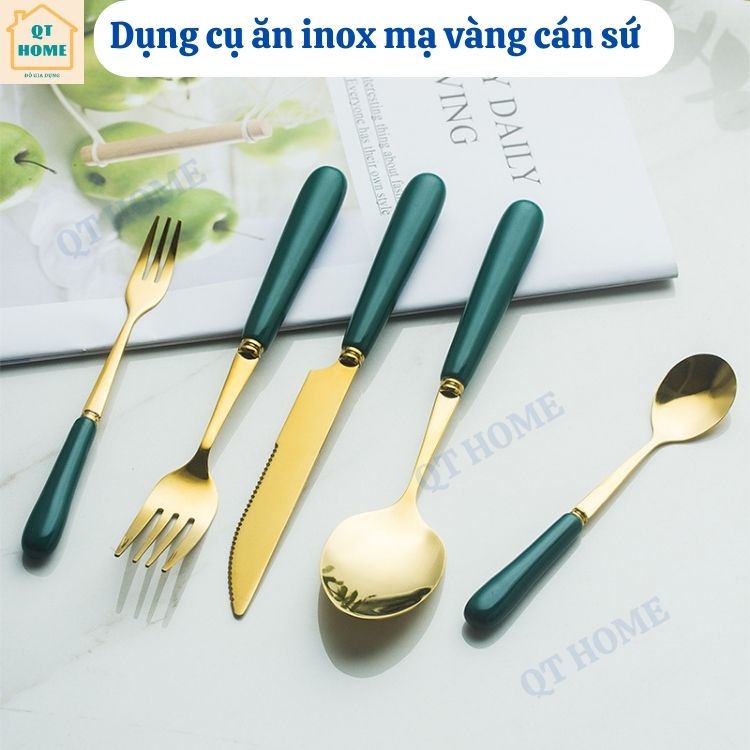 Dụng cụ ăn, Thìa / Muỗng, Dĩa / Nĩa, Đũa, Chất Liệu Inox Mạ Vàng, Cán Sứ Cao Cấp, Màu Xanh Cổ Vịt Sang Trọng