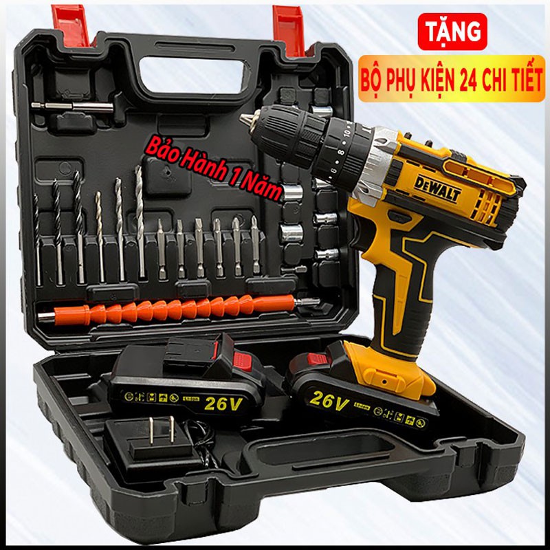 Máy Khoan Pin Dewalt 26V, Máy Khoan Cầm Tay Bắt Vít Kèm Bộ Phụ Kiện 24 Món