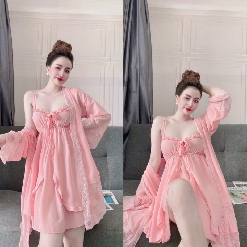 Nguyên sét Váy Ngủ Tiểu Thư, Áo Choàng Ngủ Kèm Váy Chiffon  Cao Cấp &lt;60kg màu hồng