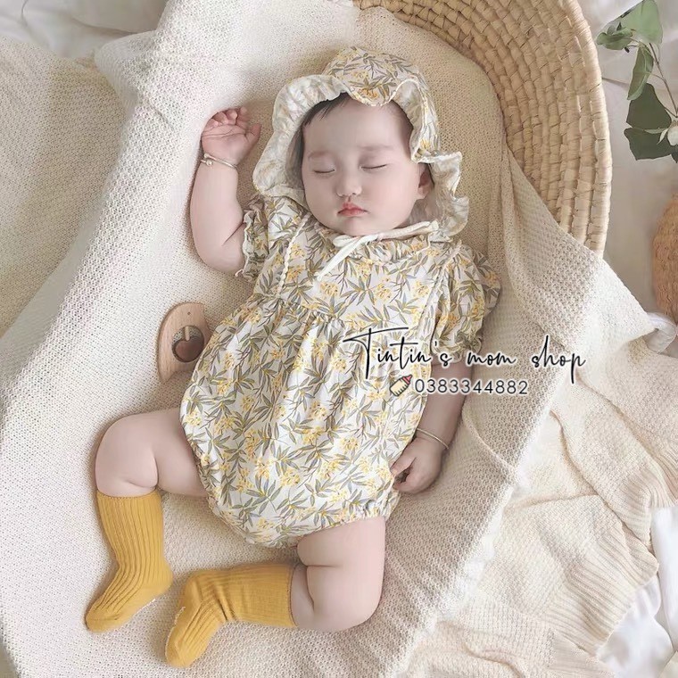 Set body chip cotton hoa vintage kèm mũ bèo xinh xắn cho bé gái 0-18M