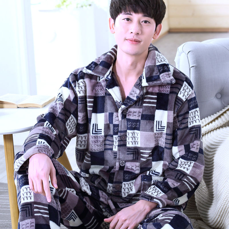 Men's Winter Pajamas Thick Coral Home Wear Long Sleeve Flannel Casual Warm Autumn And Winter Can Be Wearing Outside Suit | BigBuy360 - bigbuy360.vn
