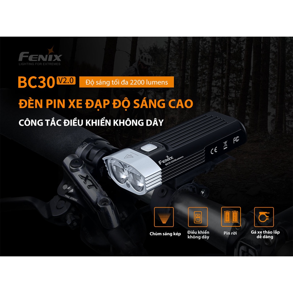 Đèn pin xe đạp FENIX BC30 V2.0 độ sáng 2200lm chiếu xa 187m sử dụng 2 pin 18650 và sạc Vapcell Q2
