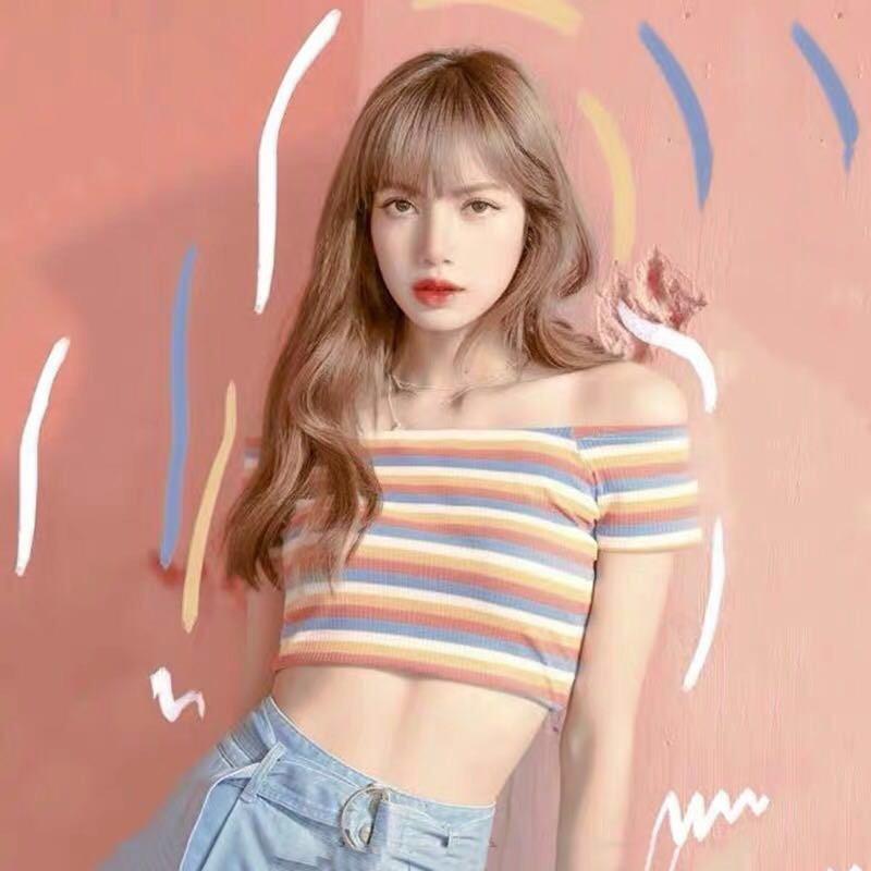 Áo croptop body trễ vai sọc màu cầu vồng phong cách Blackpink Lisa Retro