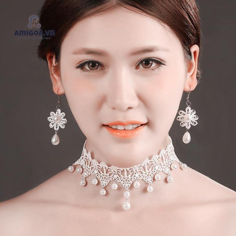Vòng Cổ Choker Phối Ren Đính Ngọc Trai Ngọt Ngào Thanh Lịch