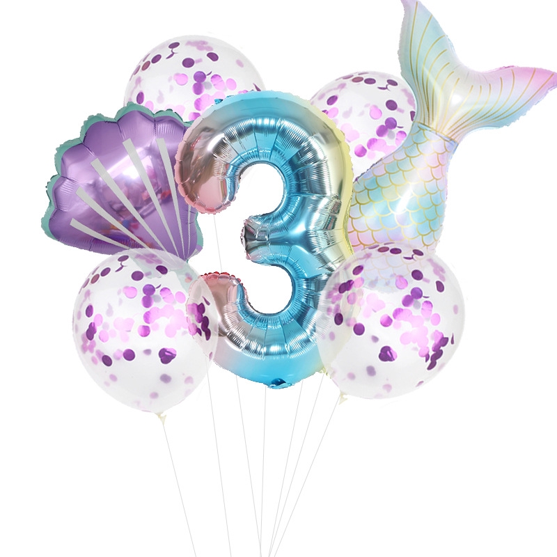 Set 7 Bong Bóng Lá Nhôm Hình Nàng Tiên Cá / Vỏ Sò / Nàng Tiên Cá Màu Gradient