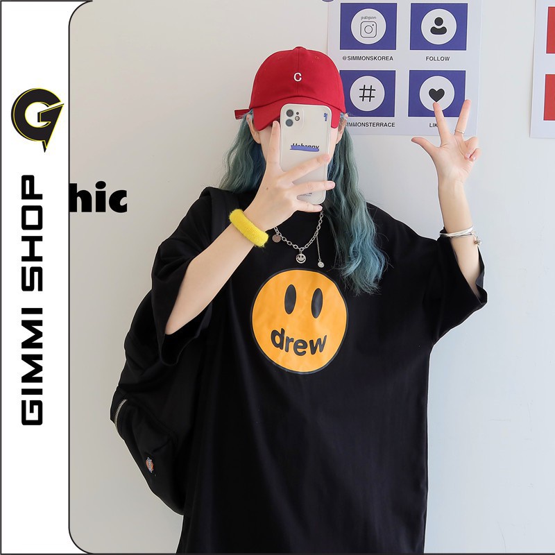 Áo thun Drew form rộng nam nữ WONHARIM, áo cộc tay dáng dài tay lỡ unisex in hình mặt cười Drew cá tính Ulzzang 21108